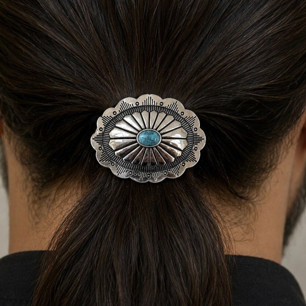 Men’s Western Concho Ponytail Holder with Faux Turquoise Sunburst Hair Tie
